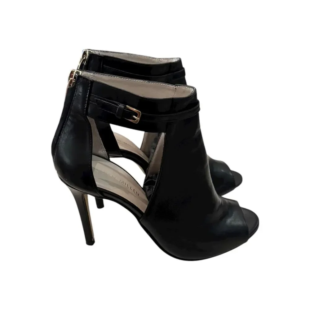 Karen Millen Black Leather Peep Toe Cutout Stiletto Booties EU 37 US 6